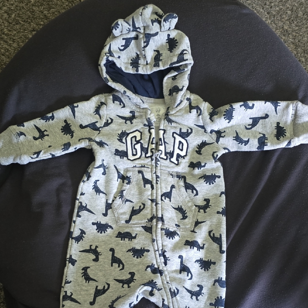 GAP Blue and Gray Dinosaur Print Baby Onesie
